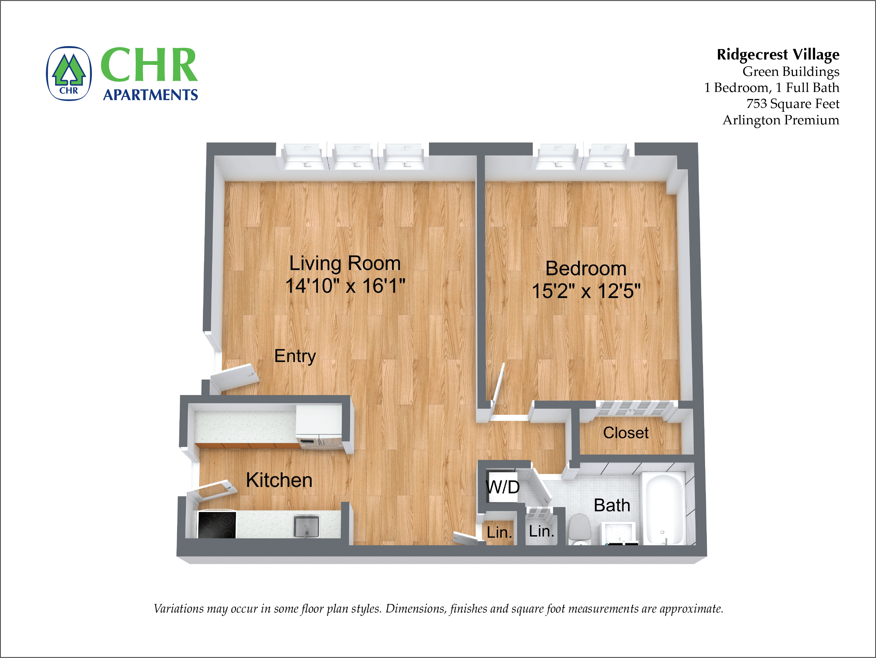 Floor plan for 1 bed, 1 bath, 753 sqft